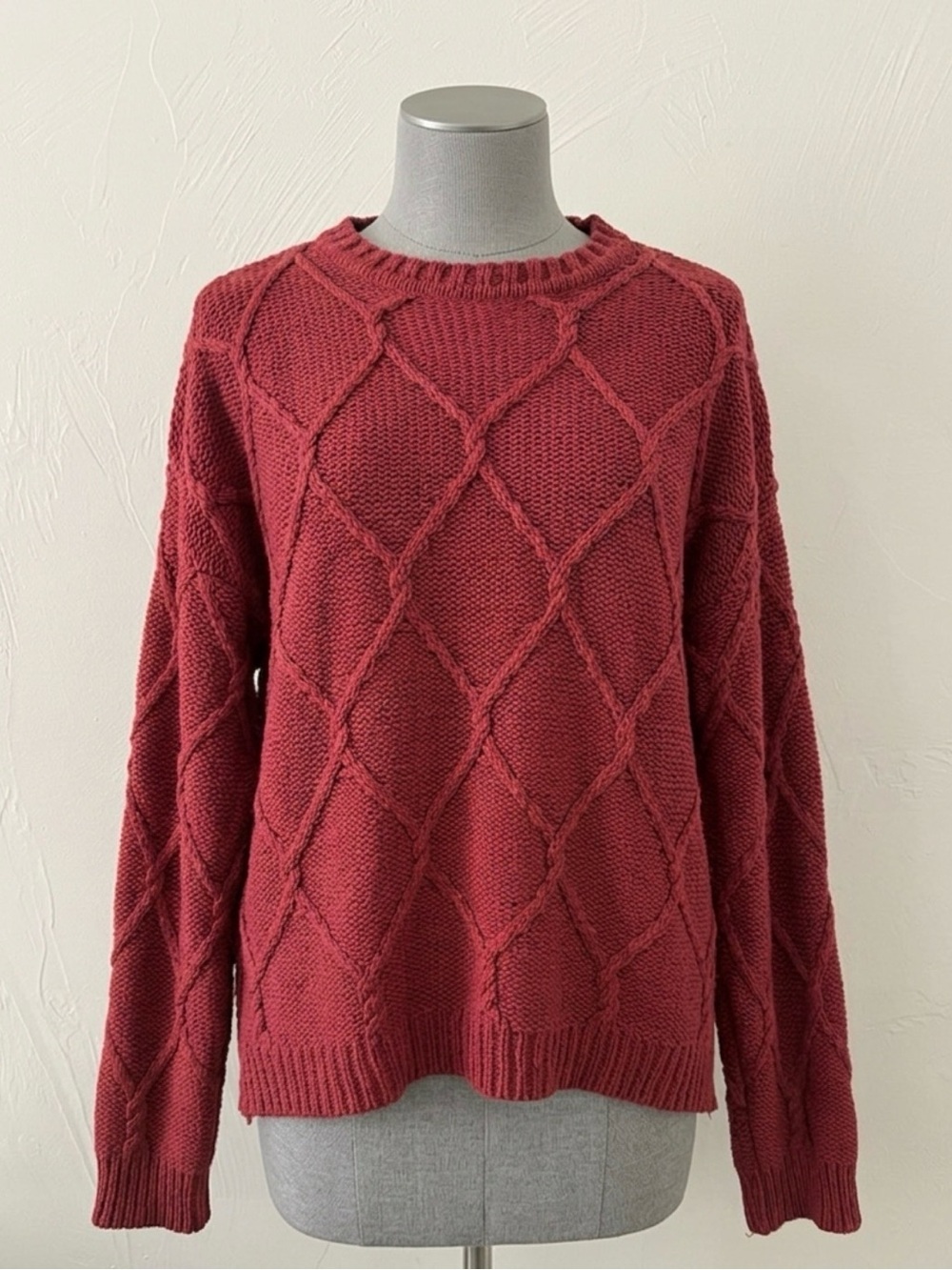 TLC by Lambert Red Diamond Knit Sweater Large Cotton Chunky Cottagecore
